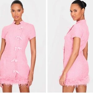PLT- PINK GLITTER BOUCLE FEATHER TRIM MINI DRESS